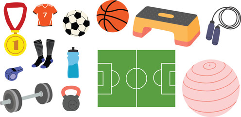 Vector sports equipment and fitness icons set with soccer field, balls, medal, dumbbell, kettlebell, jump rope and accessories © Khorov Artworks
