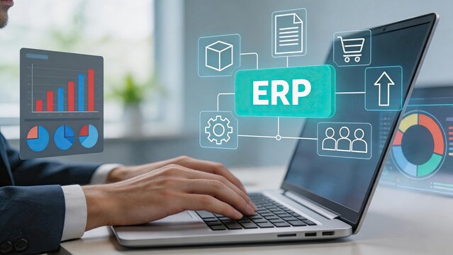 Professional using laptop with ERP software interface, enterprise resource planning system showing analytics charts and business modules, cloud computing concept for corporate
