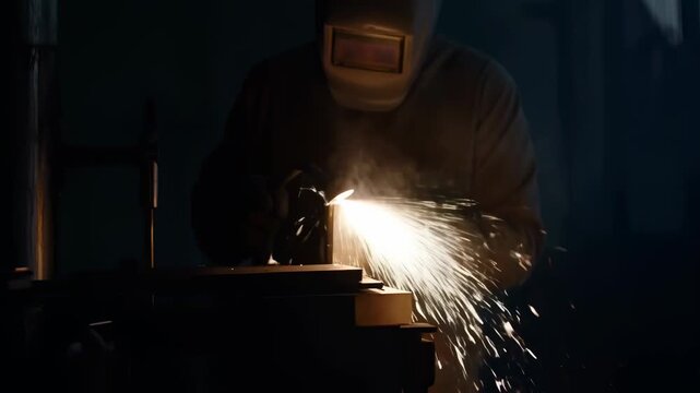 Skilled welder using a grinding tool to create sparks in a workshop. Represents craftsmanship, industrial work, and metal fabrication