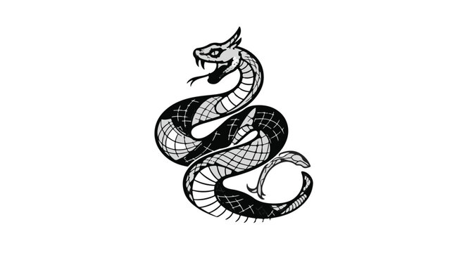 Stylized coiled snake illustration with an aggressive stance and sharp fangs