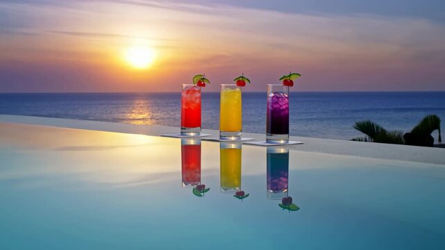 Colorful cocktails on a poolside ledge at sunset overlooking the ocean