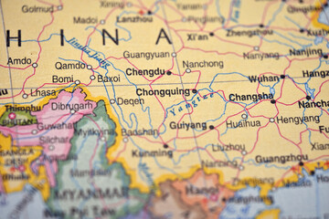 Obraz premium Chongqing China Map Location – Blurred World Atlas Background with Soft Focus Mountain Megacity Region View