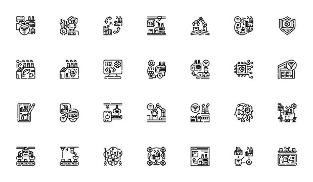 Smart industry icon set. Minimalist vector icons. Featuring big data, AI, IoT, cyber security, cloud computing, factory, 3d printing, augmented reality and more. Editable vector stroke.