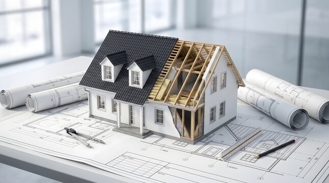Architectural model of a house with blueprints and drafting tools