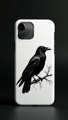 Obraz premium Black raven sits on barren tree branch against white background. The bird has sleek feathers and sharp beak, conveying dark aesthetic. Its gaze is intense, foreboding. Minimalist design.