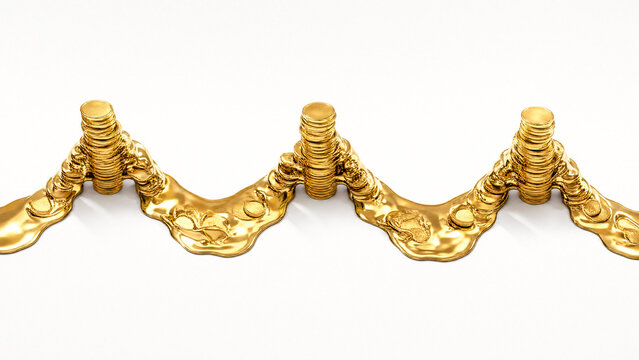 Top-down view of a neat stack of gold coins becoming progressively melted and distorted.