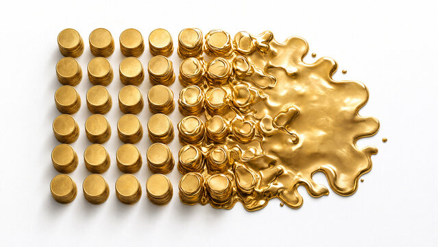 Top-down view of a neat stack of gold coins becoming progressively melted and distorted.