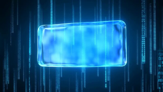 Futuristic blue digital interface with flowing binary code. Represents technology, data processing, and modern communication