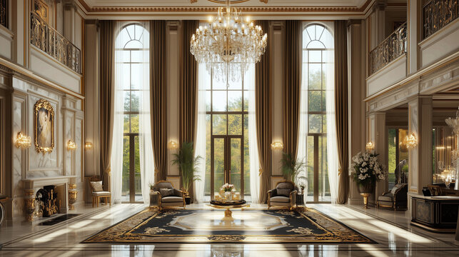 Elegant classic living room with luxury fireplace chandelier and large windows.