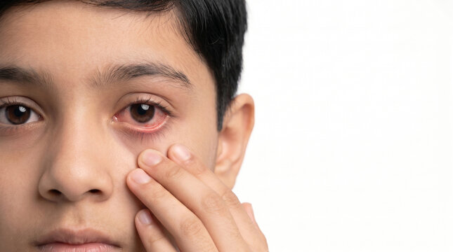 Young Indian boy showing red irritated eye symptoms for pediatric allergy conjunctivitis dry eye infection and ophthalmology healthcare awareness