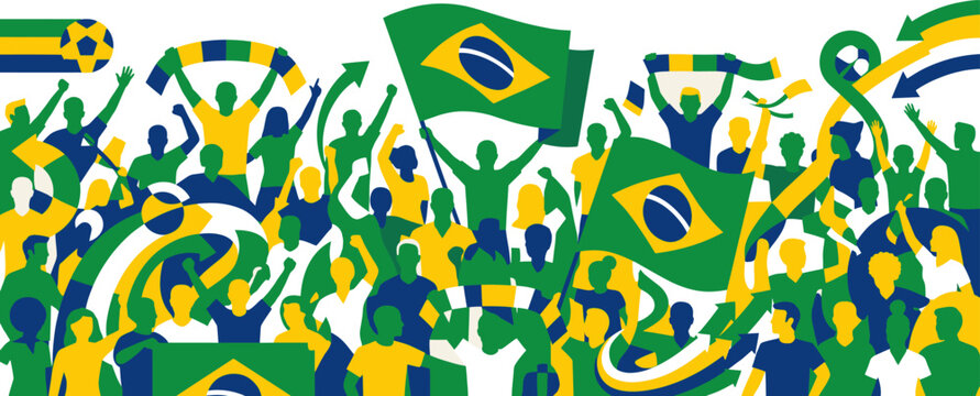 Crowd of soccer fans cheering with brazil flags and scarves