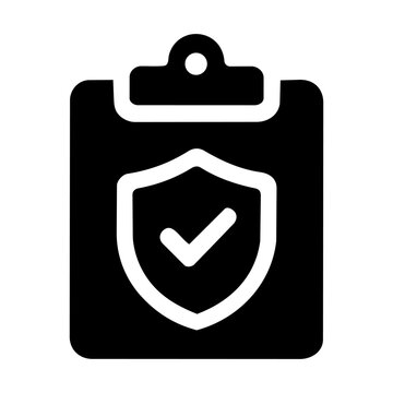 Security clipboard with shield and checkmark icon silhouette on white background