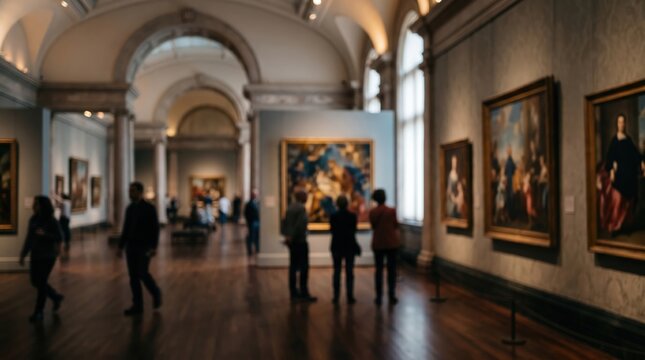 Art gallery museum interior blurred people looking at paintings exhibition hall culture heritage gallery bokeh background