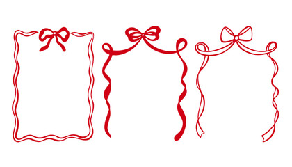 Obraz premium Romantic red whimsical wedding and ribbon frames with bows. Hand Drawn borders for wedding, marriage, christmas, valentines day, invitation, holiday greetings, postcard, poster and birthday card 