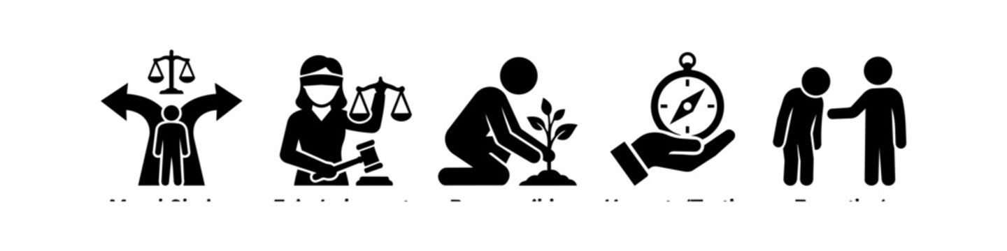 Set of ethics and moral values icons featuring justice, choice, growth, guidance, and empathy. Flat vector pictograms representing integrity, responsibility, and human compassion.