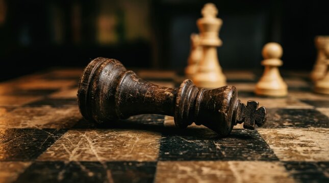 Fallen black chess king on a weathered vintage chessboard