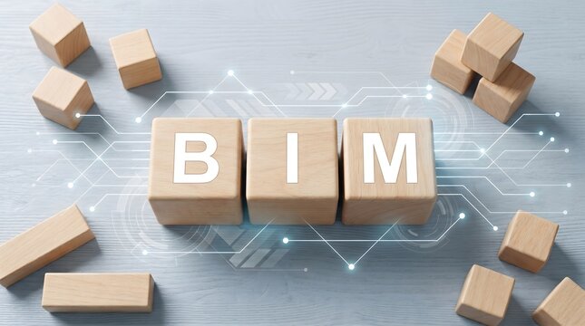 BIM building information modeling wooden blocks with digital network