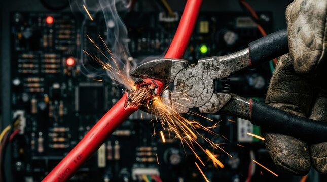 Industrial wire cutting creating electrical sparks