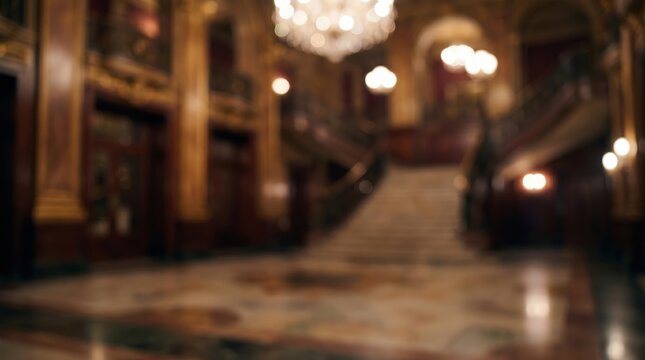 Blurred luxury interior grand hall staircase chandelier ornate architecture elegant foyer opera house lobby ballroom vintage mansion palace background