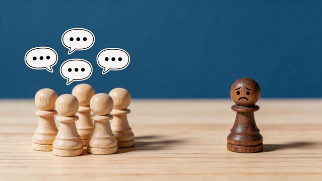 Lonely dark wooden chess pawn separated from group of light pawns with speech bubbles, symbolizing social exclusion, isolation, bullying or being ignored in society