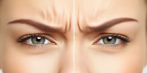 Fototapeta premium Collage of human face before and after treatment for forehead wrinkles and natural skin care view