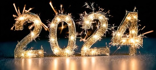 Obraz premium Creative 2024 Gold Sparkler Number Sign Text For Happy New Year Decoration On Dark Bokeh Background
