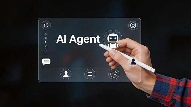 Futuristic AI agent interface on transparent screen, hand using stylus for digital interaction, automation and artificial intelligence concept with robot icon, modern technology