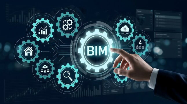 BIM building information modeling interface with gears and icons
