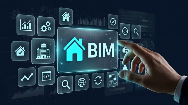 Hand touching BIM building information modeling interface with icons