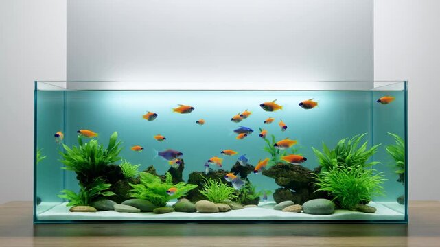 Colorful aquarium with vibrant fish swimming among lush aquatic plants and rocks. A serene underwater ecosystem promoting relaxation and tranquility