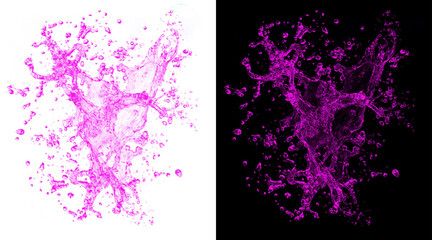 Vibrant pink water splash on white and black background, dynamic liquid explosion with droplets, refreshing berry juice or cosmetic serum splash © Rahat