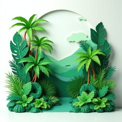 Obraz premium Paper jungle scene with palm trees and tropical leaves. Layered green hills form backdrop. Abstract nature art composition against white background.