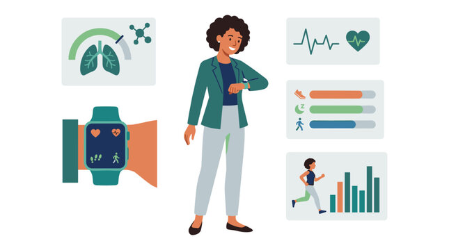 Woman monitoring health data with smartwatch and medical charts vital signs heart rate health care