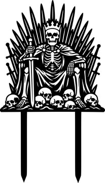 Skeleton King on Throne Garden Stake Silhouette Black and White Illustration