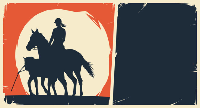 Silhouette of a rider on a horse leading a young foal against a large setting sun in a vintage style poster design.