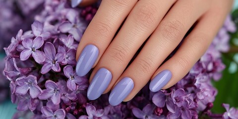 Fototapeta premium Closeup of a Woman s Hand with Stylish Purple Lavender Nails Surrounded by Beautiful Summer Flowers