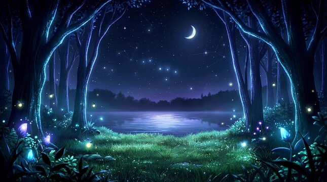 Magical enchanted forest pond at night with glowing fireflies stars and crescent moon fairytale background