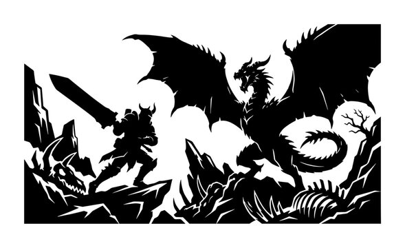 Epic Dragon Battle Silhouette, Knight vs Monster, Fantasy Adventure Vector Art