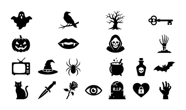 Halloween Icons Set: Spooky Vector Graphics for Festive Designs, Ghost, Pumpkin, Bat