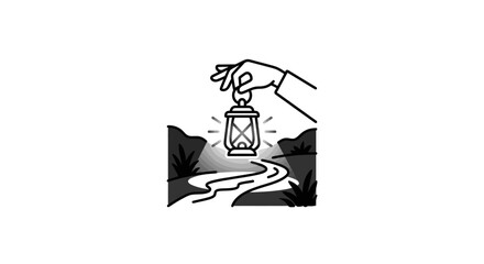 A hand holding a glowing vintage lantern illuminating a dark path. © ayana