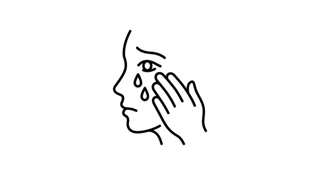Line art illustration of a person crying and wiping away tears.