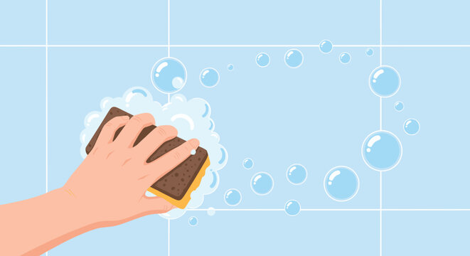 Person uses a sponge with soap suds to thoroughly clean light blue bathroom wall tiles in this helpful housework illustration.