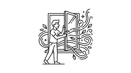 Obraz premium A line art illustration of a person opening a window to let fresh air and leaves inside.