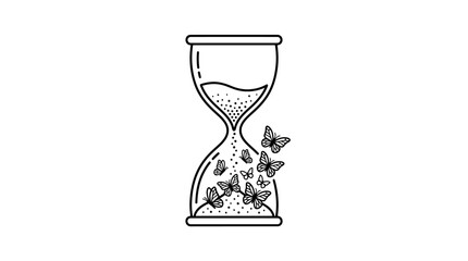A black and white line art illustration of an hourglass with butterflies inside. © ayana
