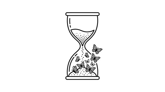 A black and white line art illustration of an hourglass with butterflies inside.