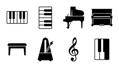 Piano Icons Set, Musical Instruments Vector Graphics, Keyboard, Grand, Upright, Metronome, Treble Clef © Tanvir