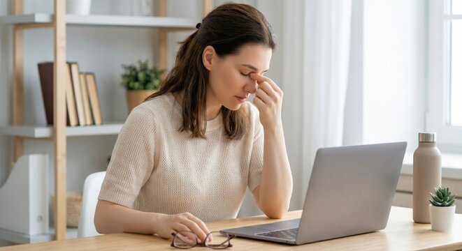 Home office scene with eye strain relief after laptop use creates a clear preventive health image focused on visual comfort, recovery, and self care.