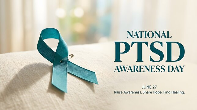 Teal awareness ribbon for national ptsd awareness day observed on june