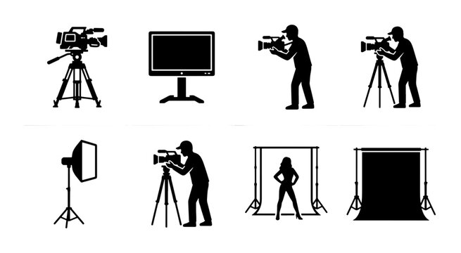 Professional film production silhouettes, 8 video studio icons, cameraman and lighting equipment