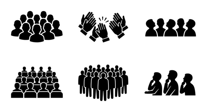 Crowd Icons Set, Group Silhouettes, Audience Clapping, People Gathering, Business Meeting Icons